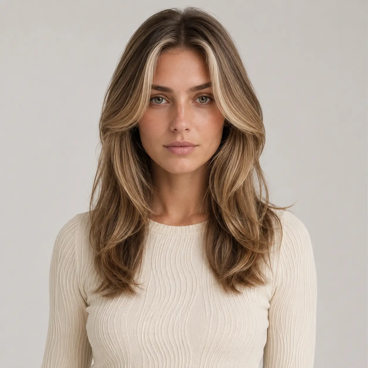 Bright blonde balayage through soft layered waves catching the light for luminous dimension