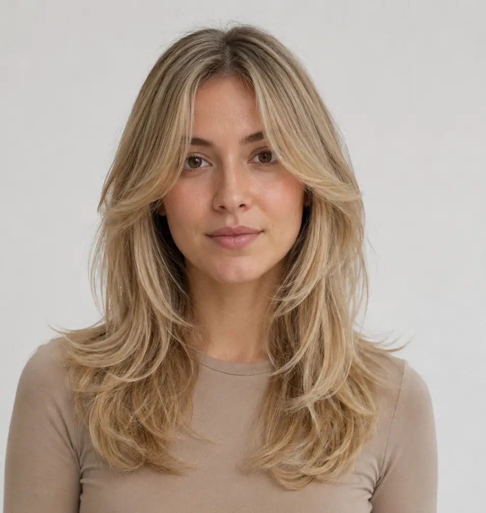 Long blonde medium layers with soft curtain bangs framing the face