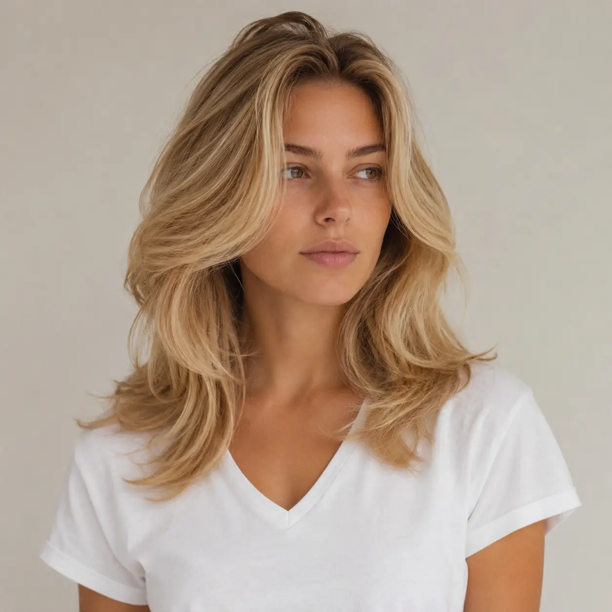 Feathered flippy blonde layers with warm balayage building a bright voluminous blowout