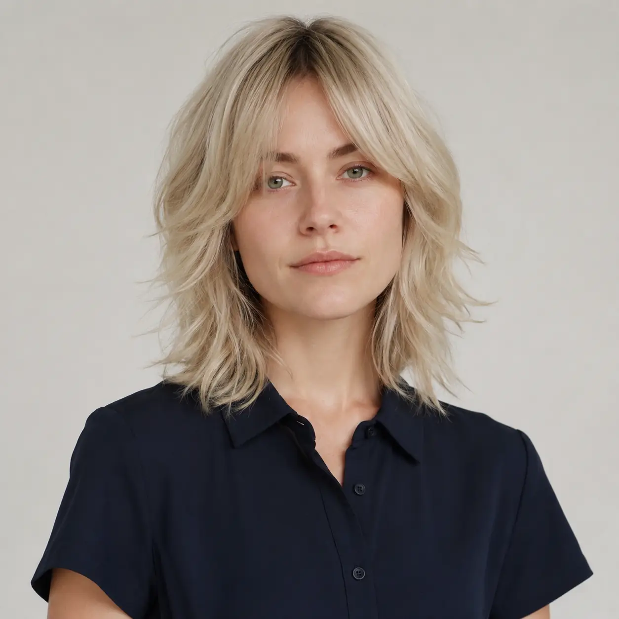 Soft blonde wavy shag layers with curtain bangs and lived-in texture