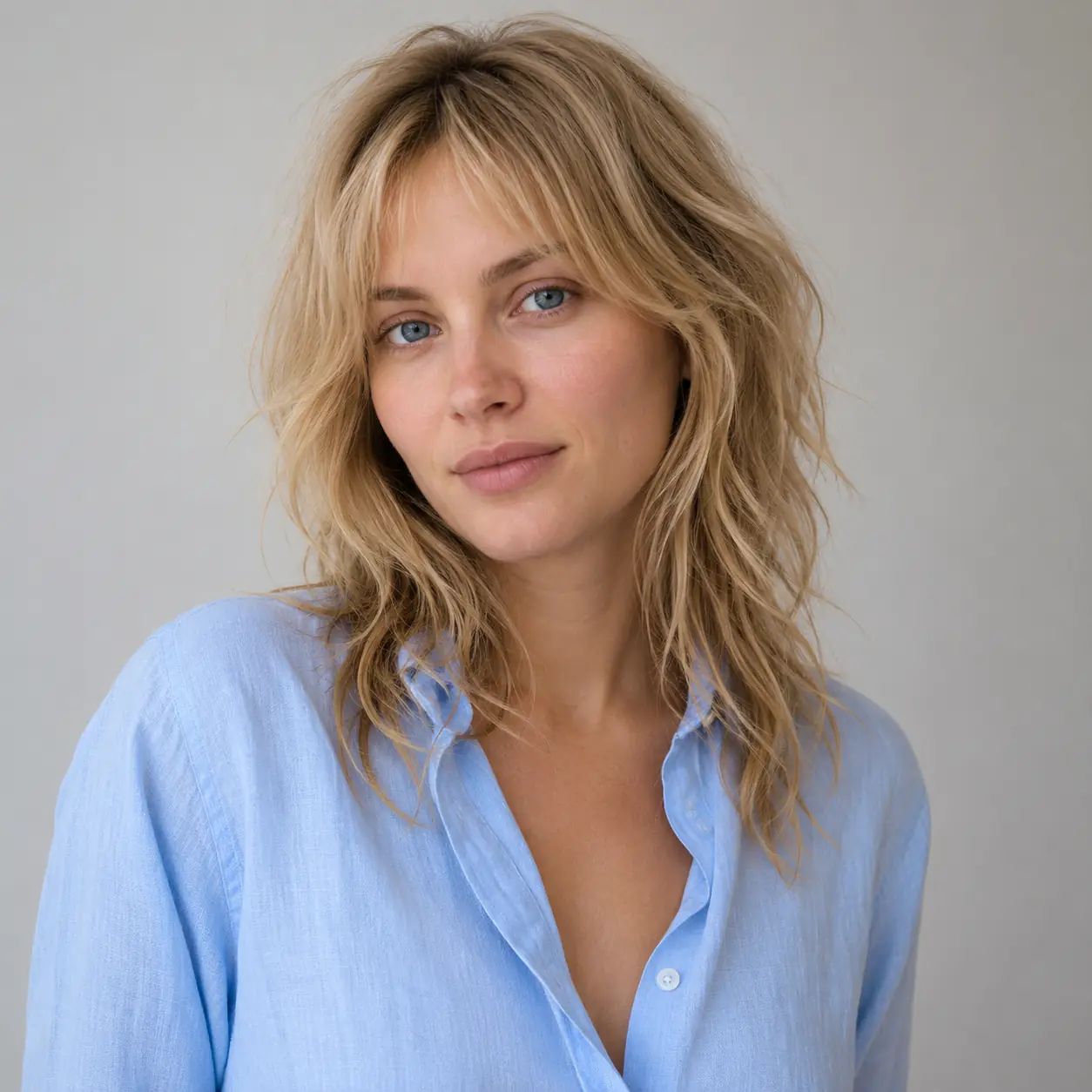 Airy blonde wavy shag layers with curtain bangs and a soft beachy texture