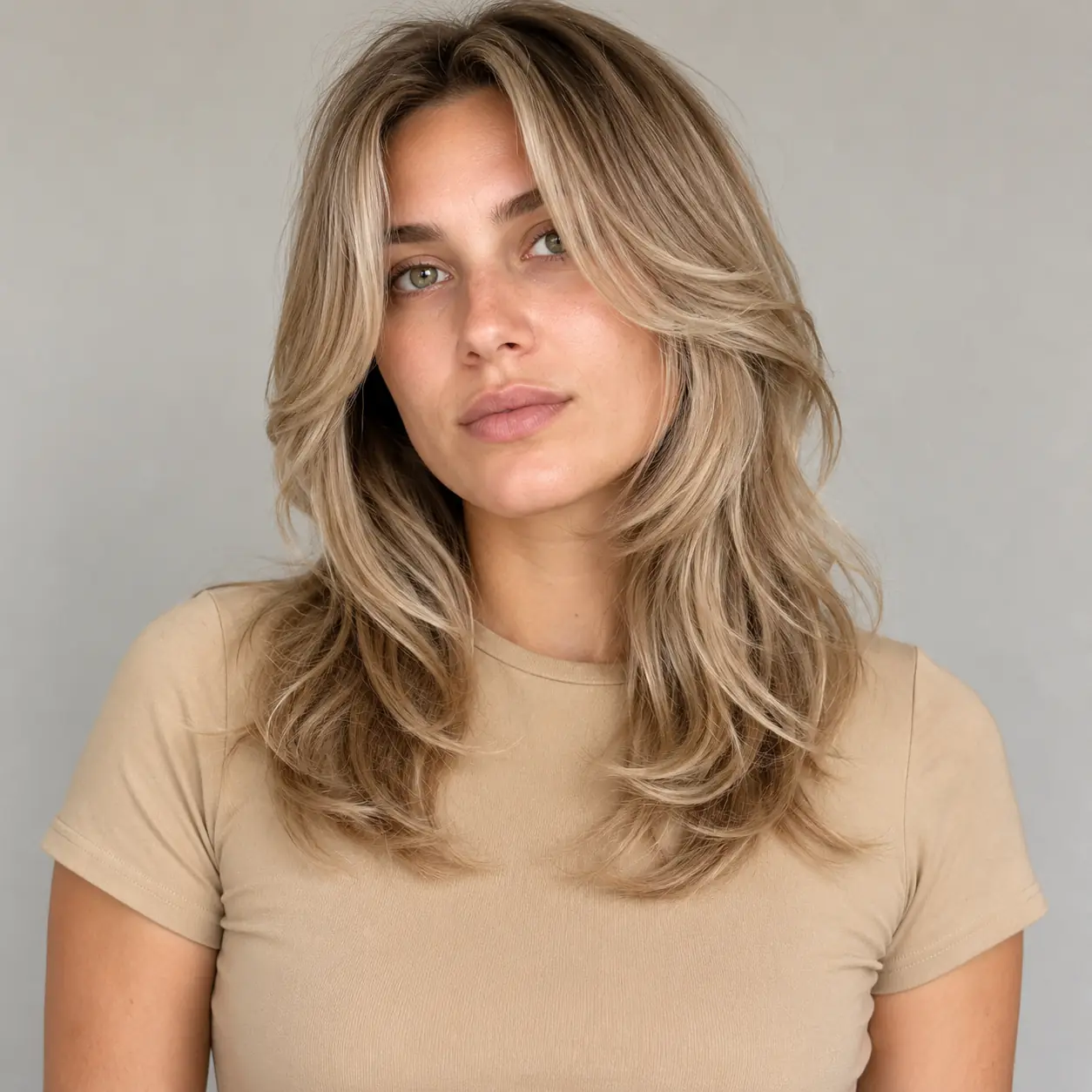 Soft bronde balayage medium layers with loose waves and a seamless color melt