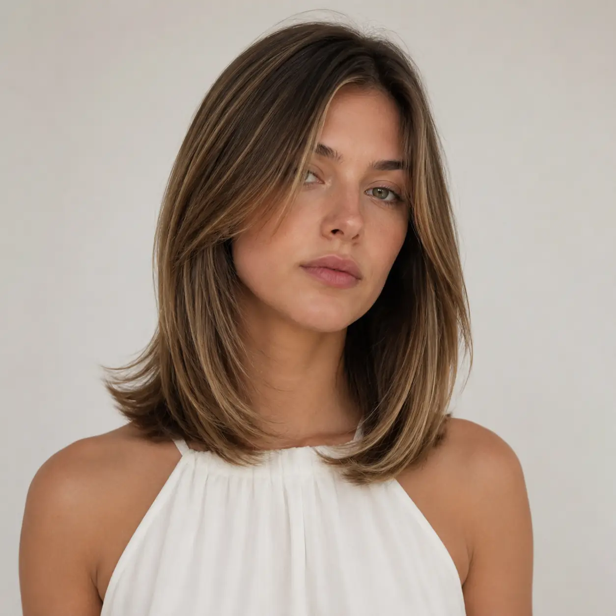 Bronde layers flicked out at the ends and parted in the center for a fresh bouncy look