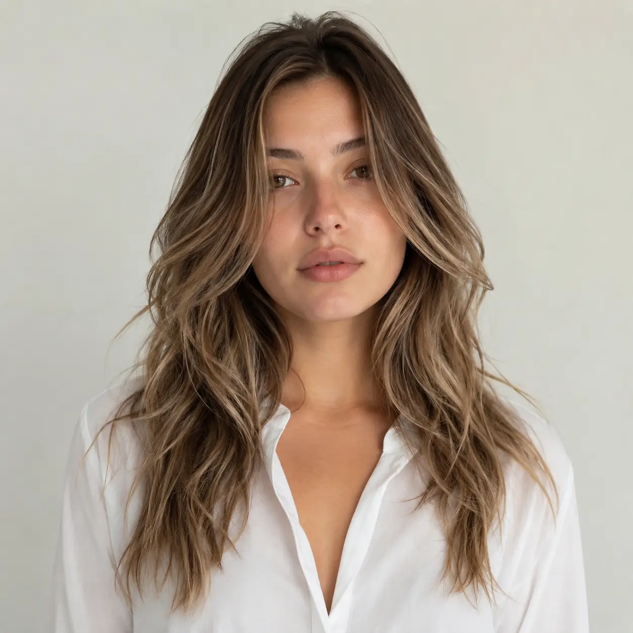 Soft bronde layers with loose waves and a center part, easy and dimensional