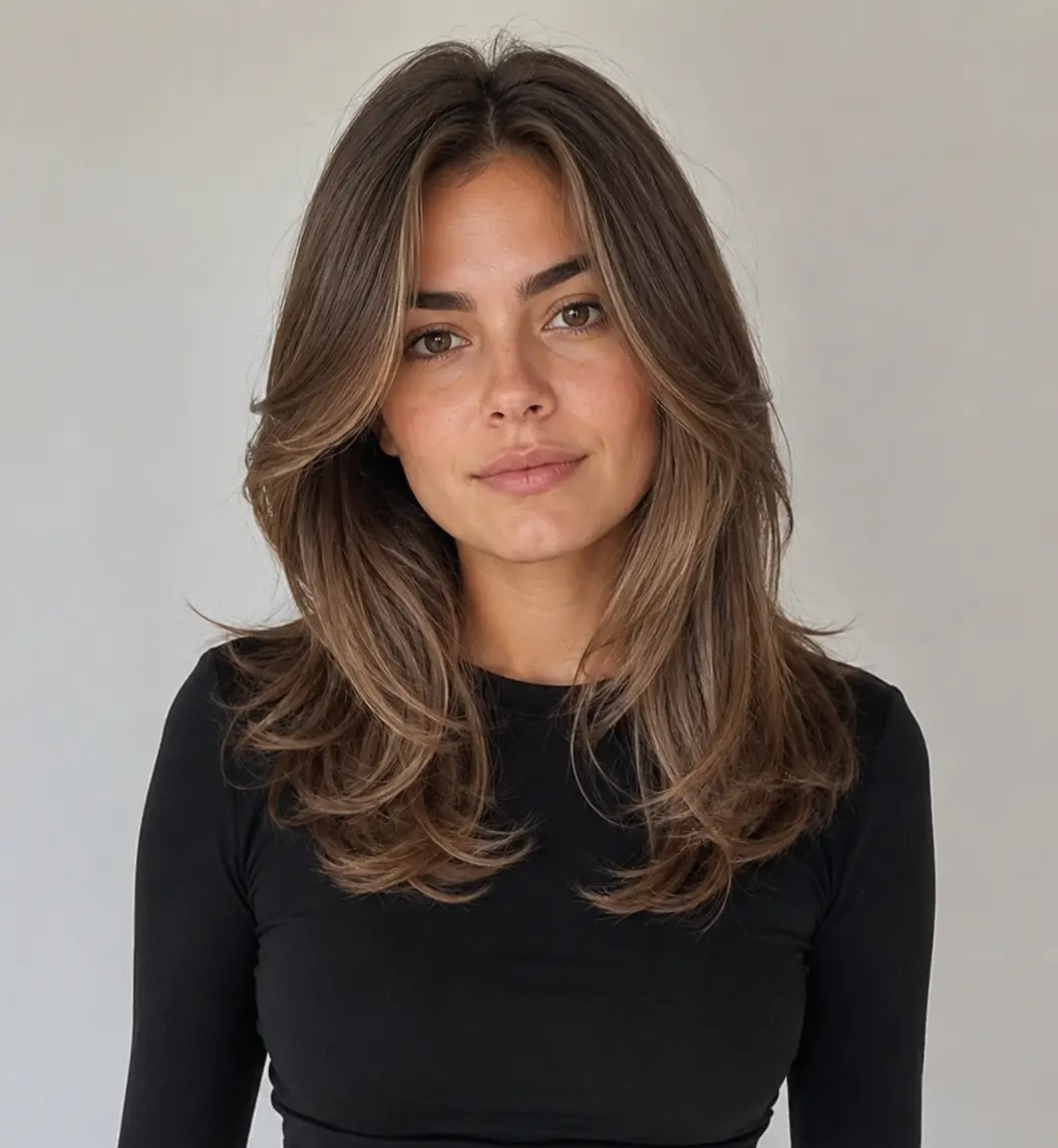 Brown medium layers with a brighter face-framing money piece lifting the front