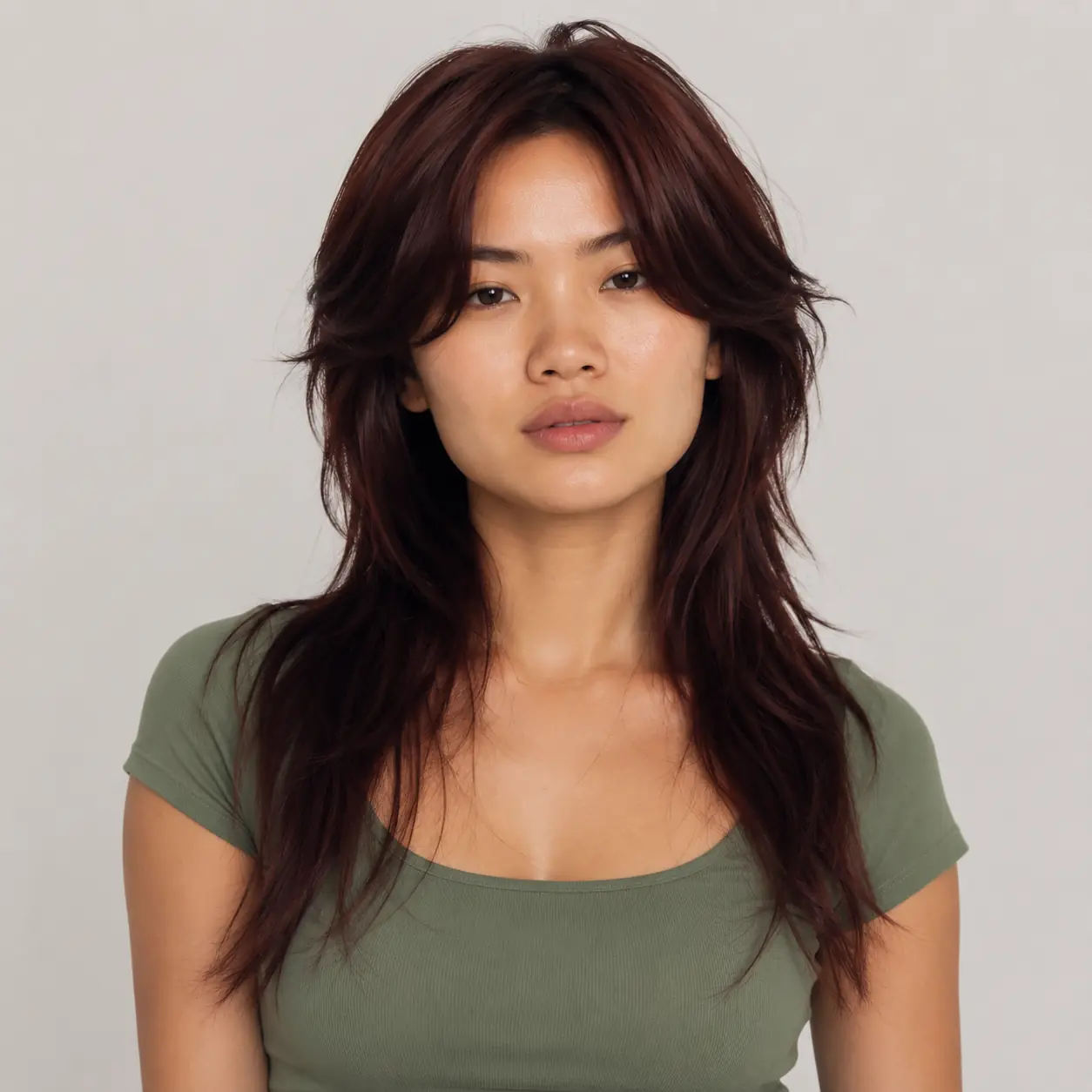 Deep burgundy feathered shag layers with rich glossy color and rock-and-roll movement