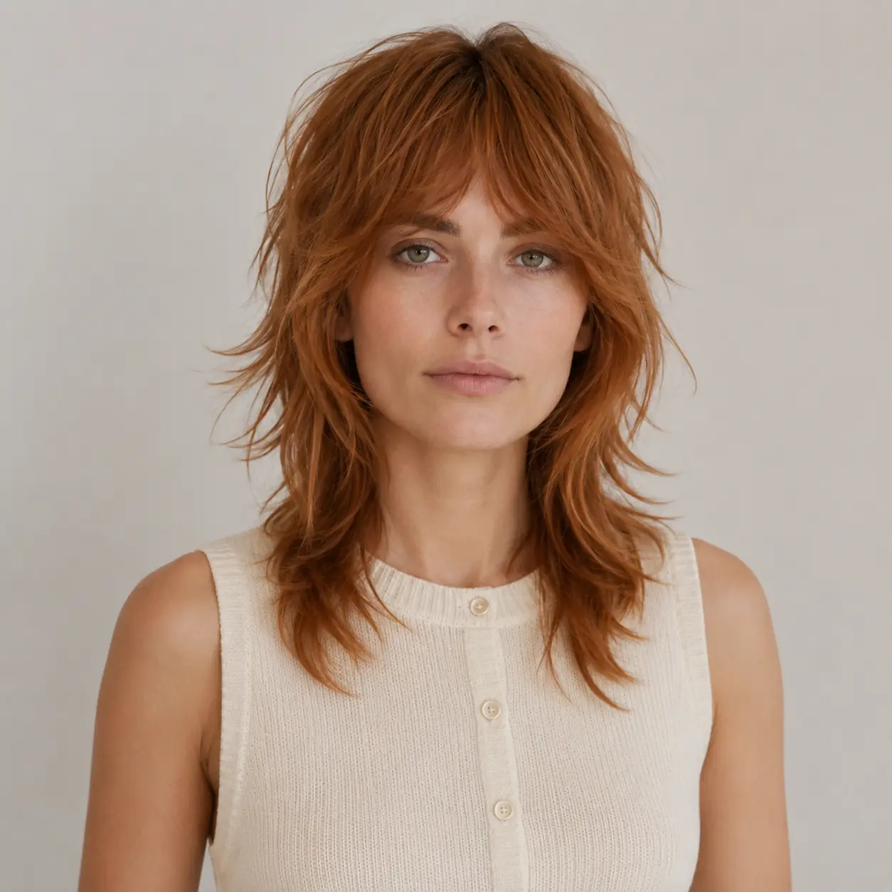 Warm copper shag with curtain bangs and tousled face-framing texture