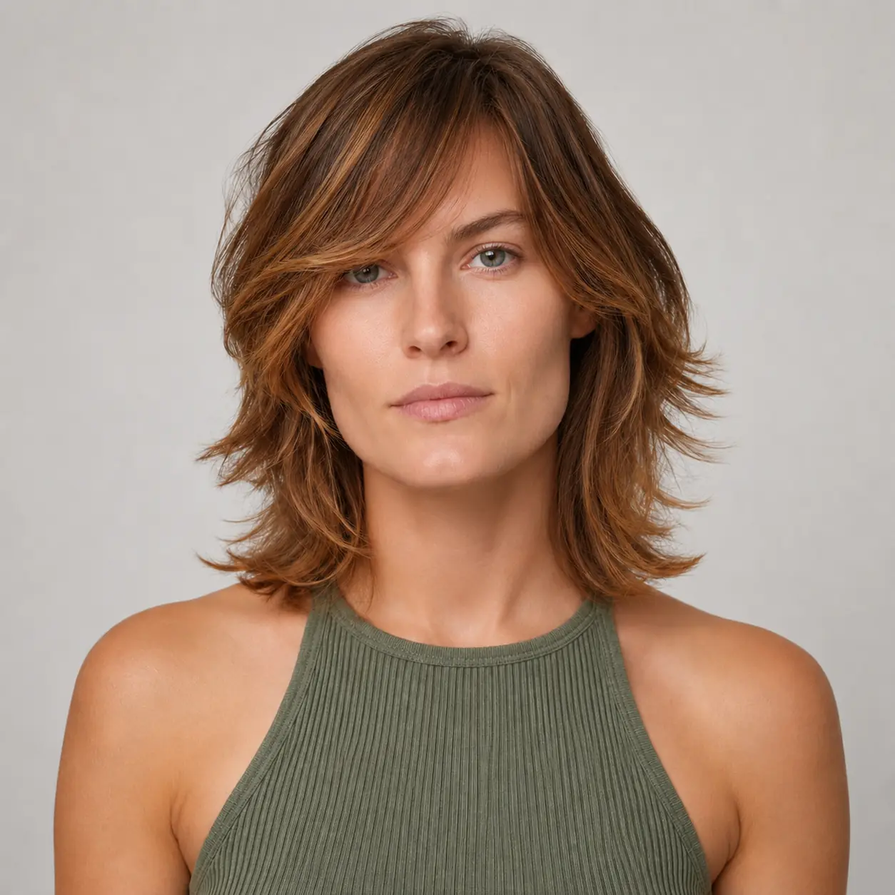 Dimensional copper balayage through flippy shag layers with curtain bangs
