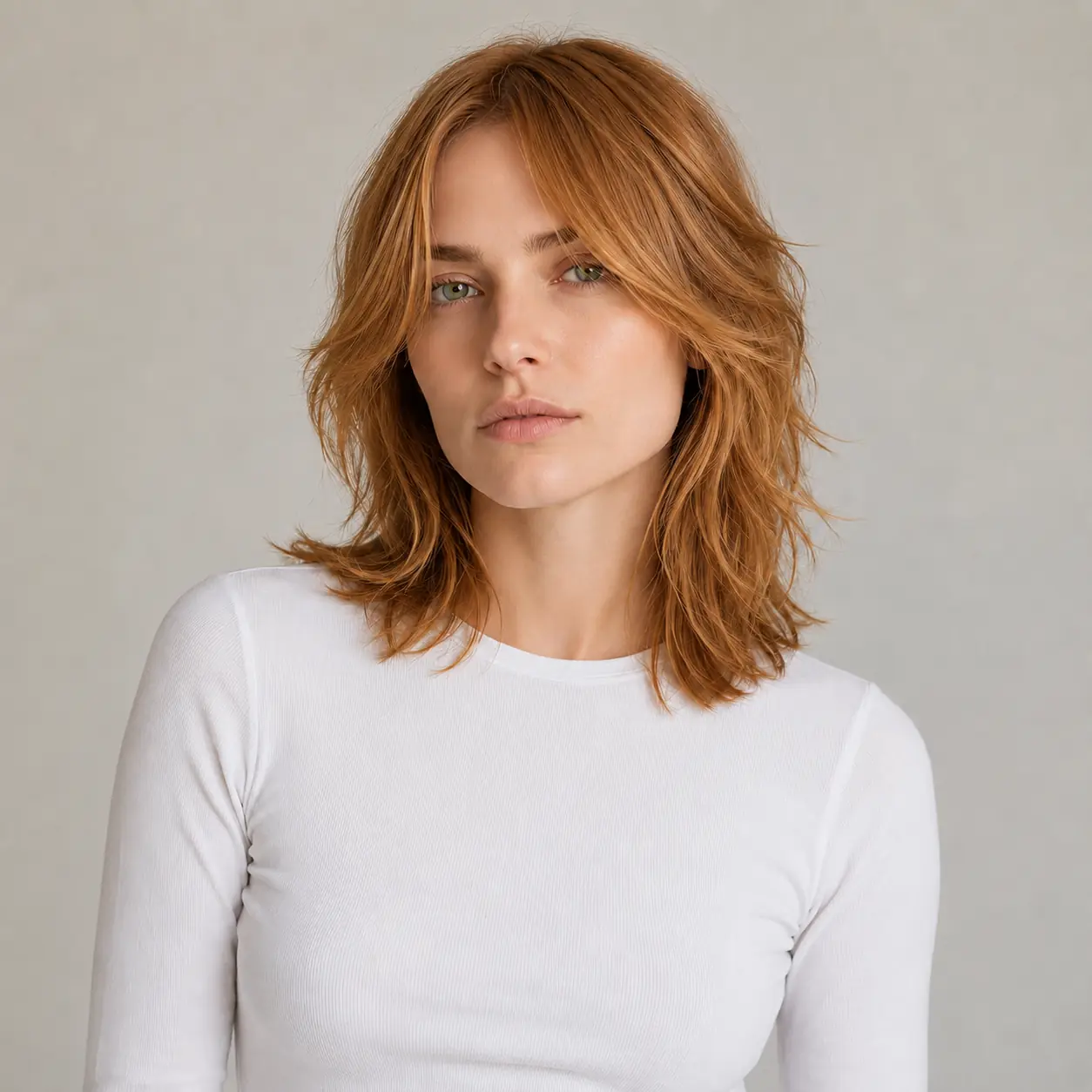 Warm copper medium shag with curtain bangs and textured, movement-rich layers