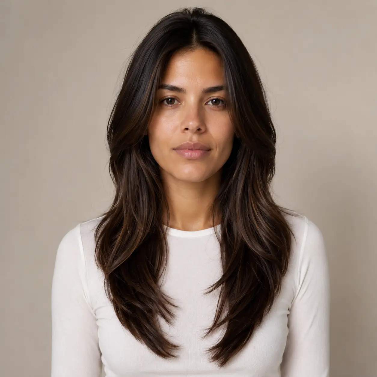 Dark brown medium layers with fine face-framing highlights adding subtle glow