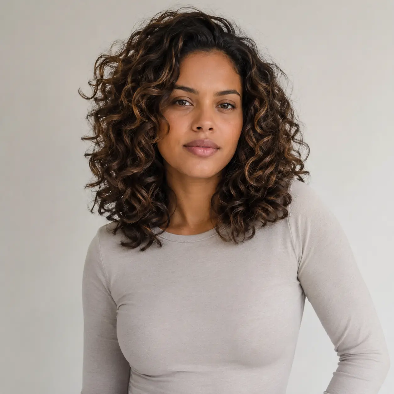 Layers cut into springy brown curls building a full defined medium curly shape