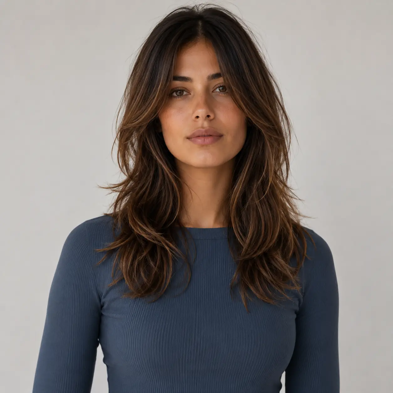 Soft brown face-framing layers with loose waves and a center part on an everyday shape