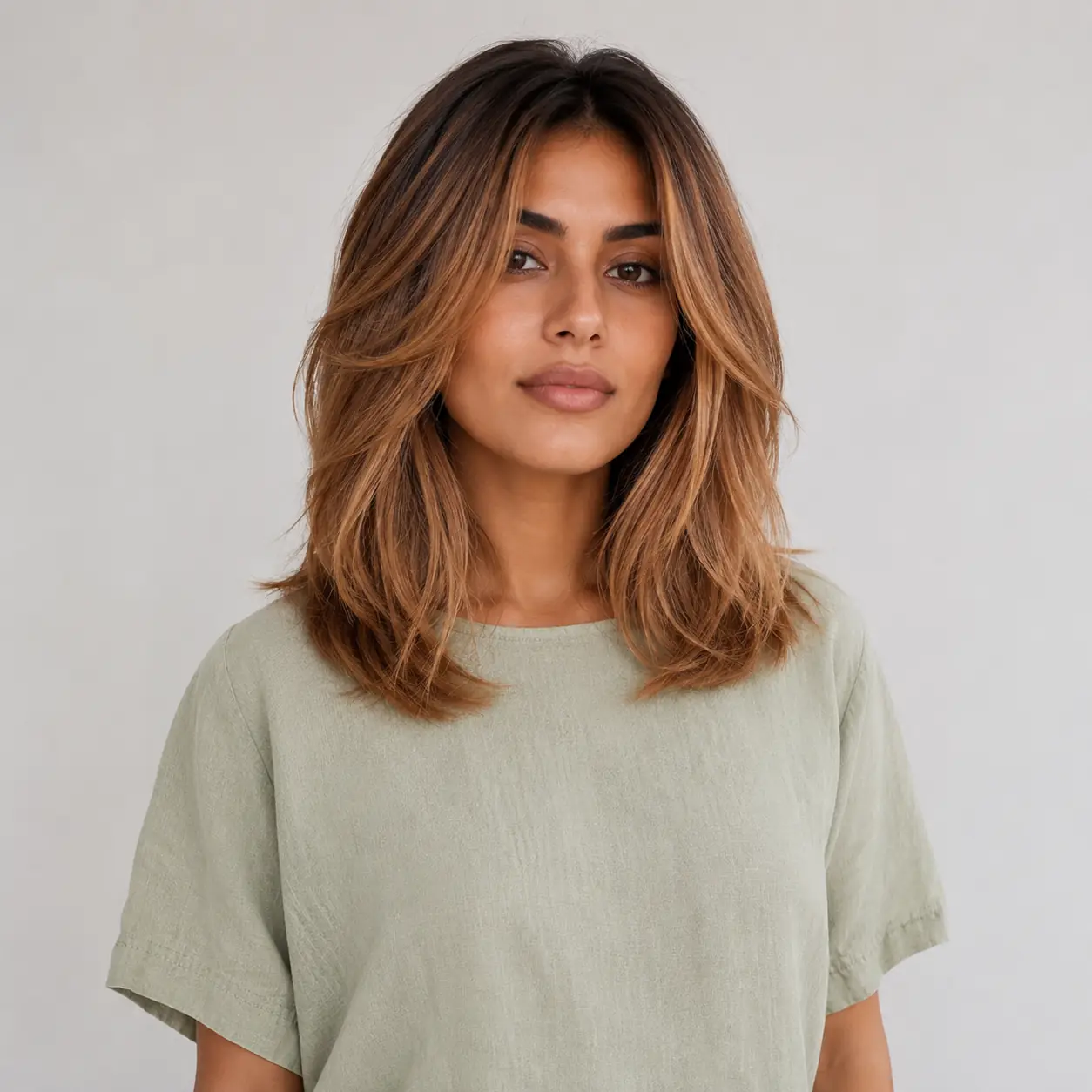 Warm copper layers cut around the face with a bright dimensional frame and soft wave