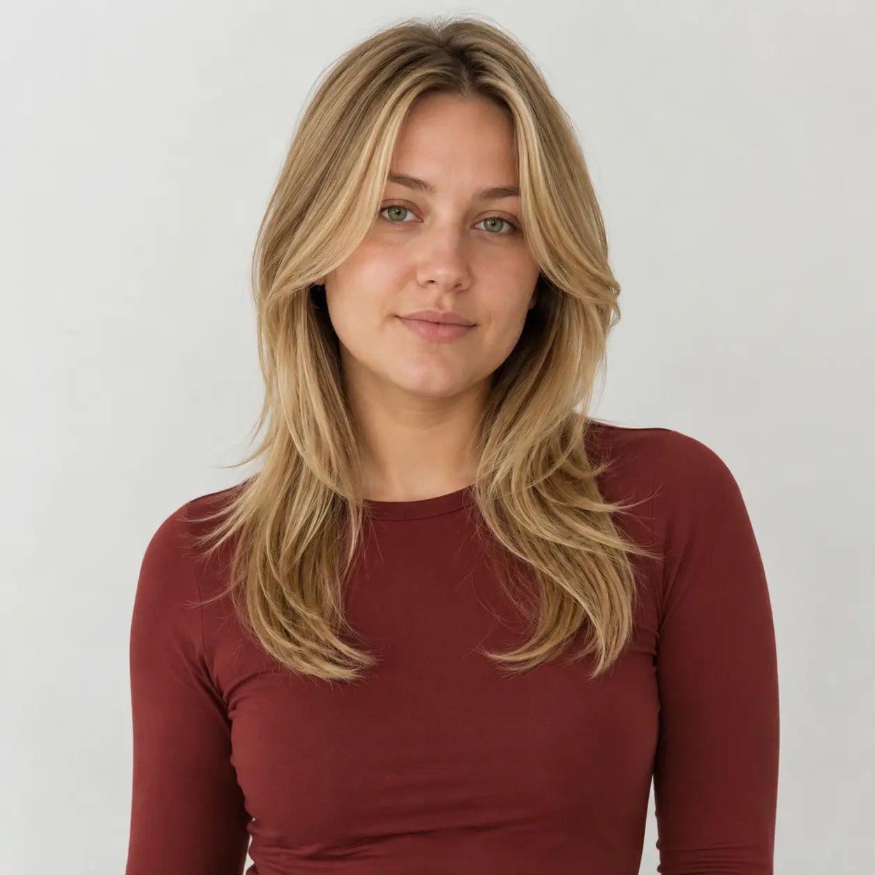 Feathered blonde face-framing medium layers with airy 70s-inspired movement