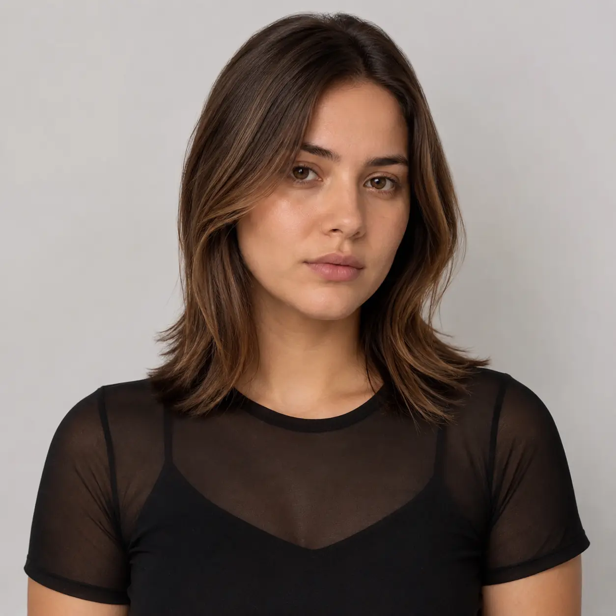 Long brown layers flicked out at the ends with a center part for a bouncy 90s silhouette