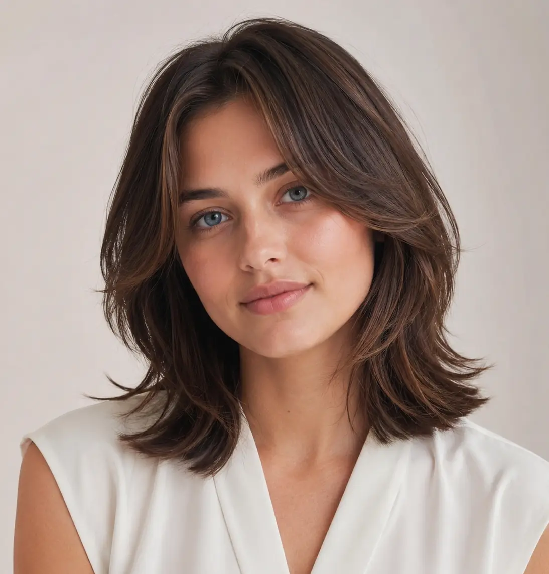 Brown medium lob with flippy layers flicked out at the ends for retro bounce