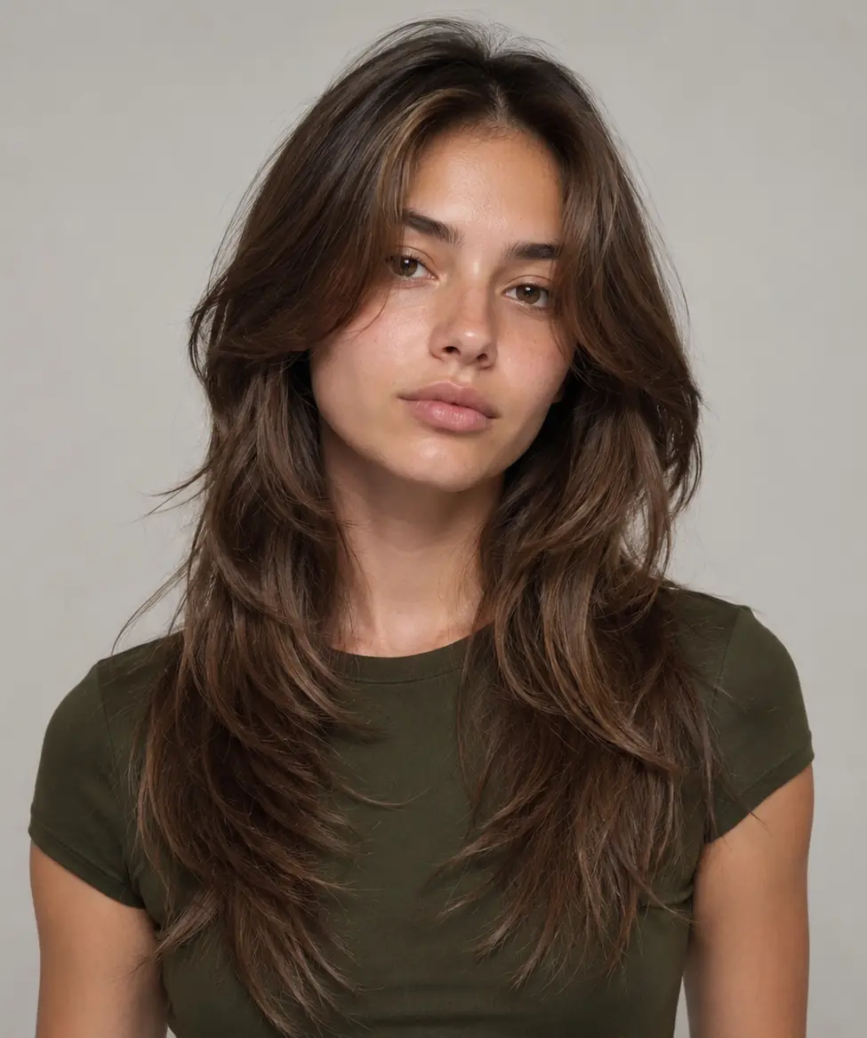 Long face-framing medium layers in brunette with a center part and forward-falling movement