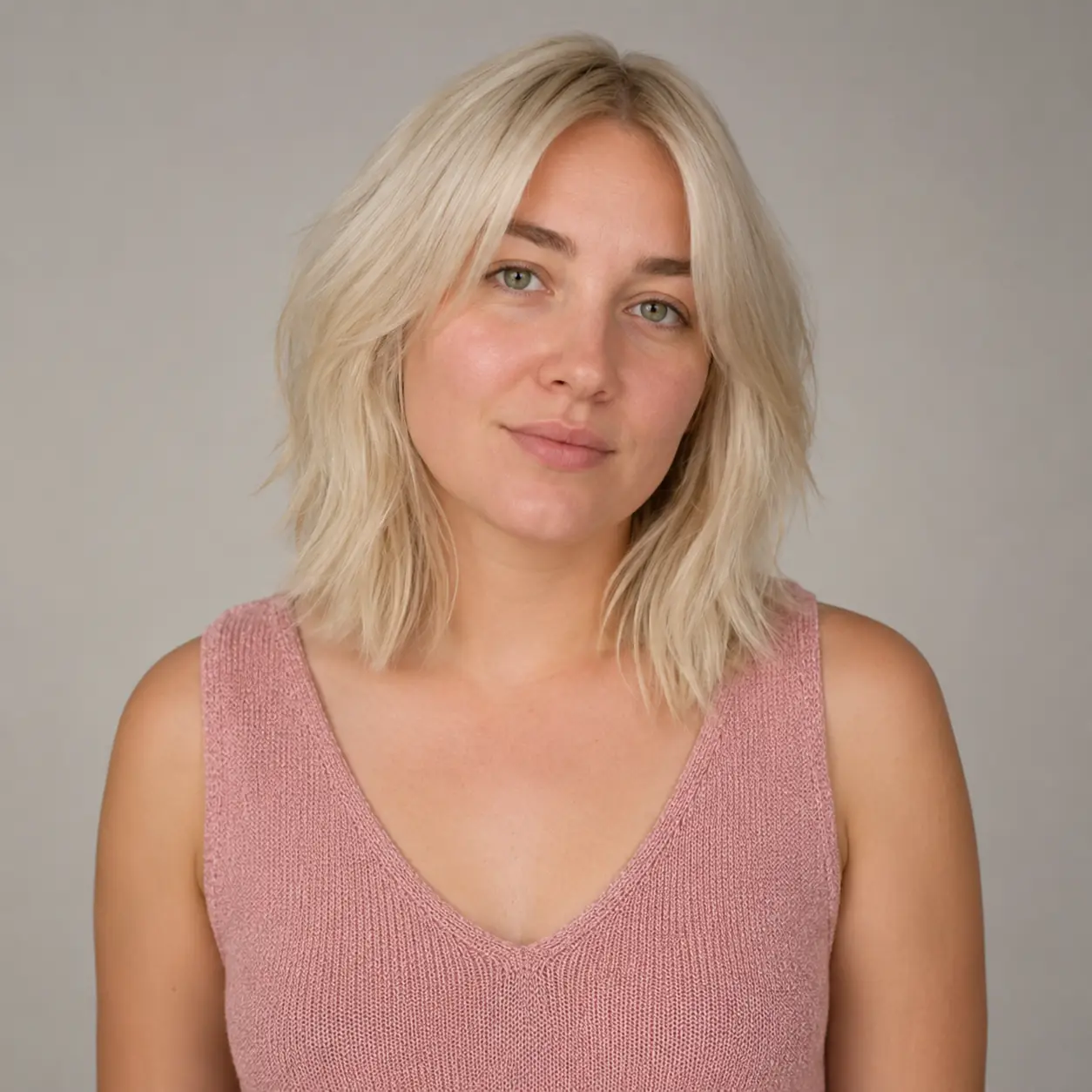 Sleek platinum layered lob with a smooth finish and cool bright color