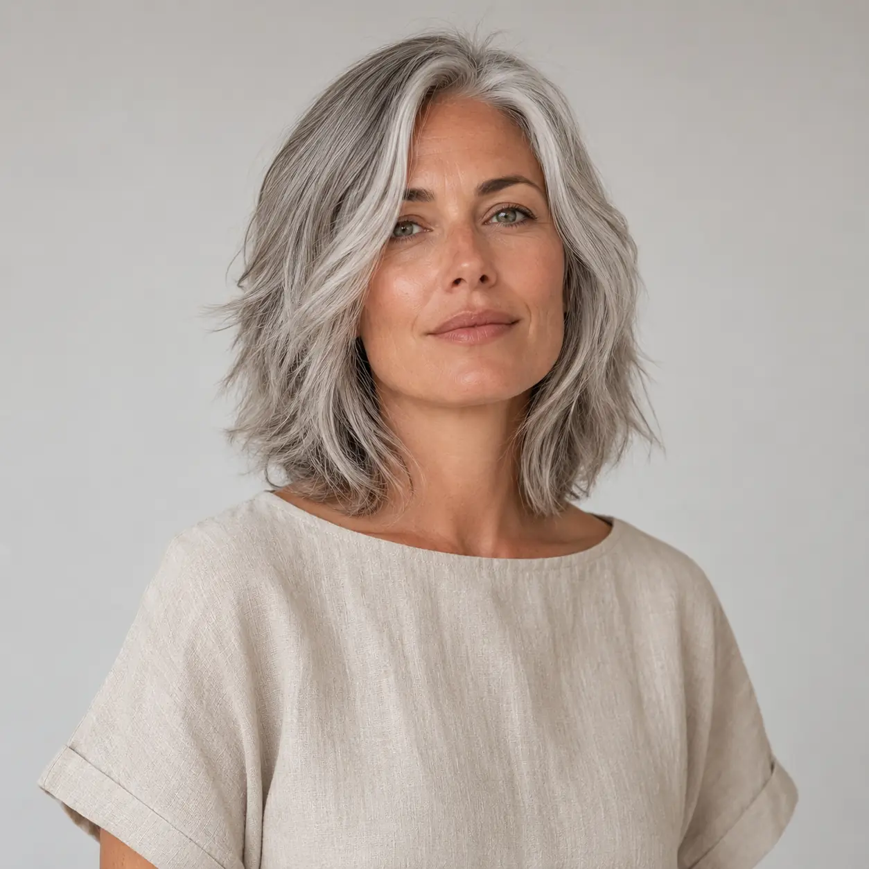 Feathered silver layered lob turning natural gray into a soft modern shape with movement