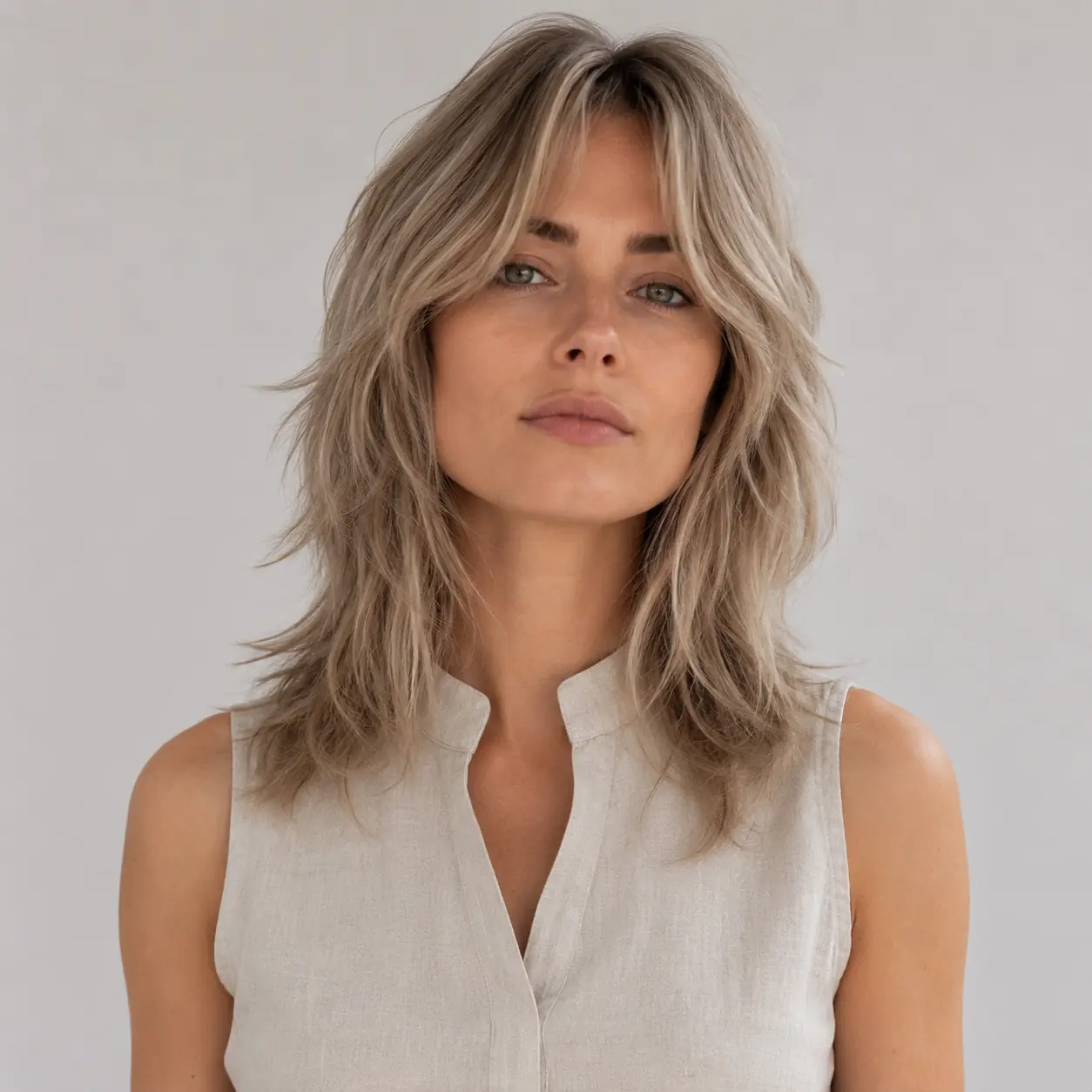 Blended silver-blonde shag with curtain bangs turning natural gray into a soft textured cut