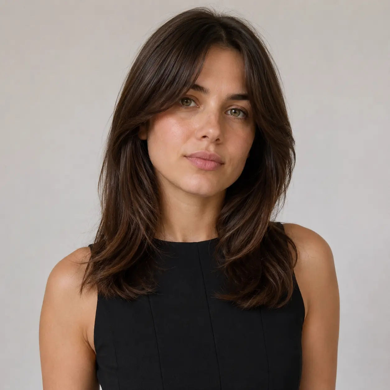 Straight sleek brown medium layers with a side part and glossy minimal finish