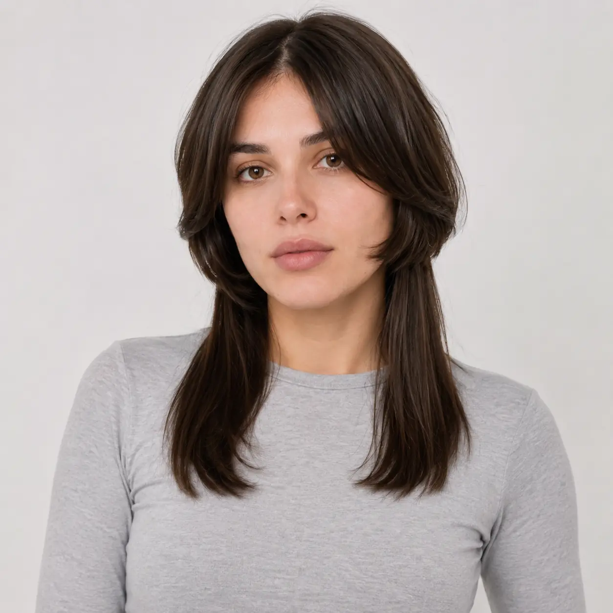 Long sleek dark brown medium layers with a center part and glossy polished finish