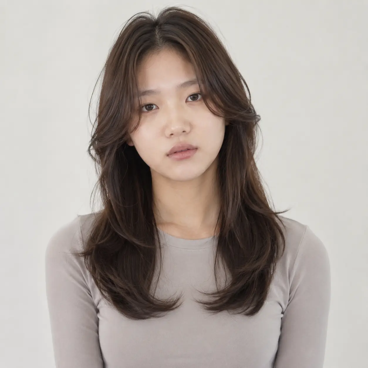 Sleek straight medium layers with center-split curtain bangs on dark brown hair