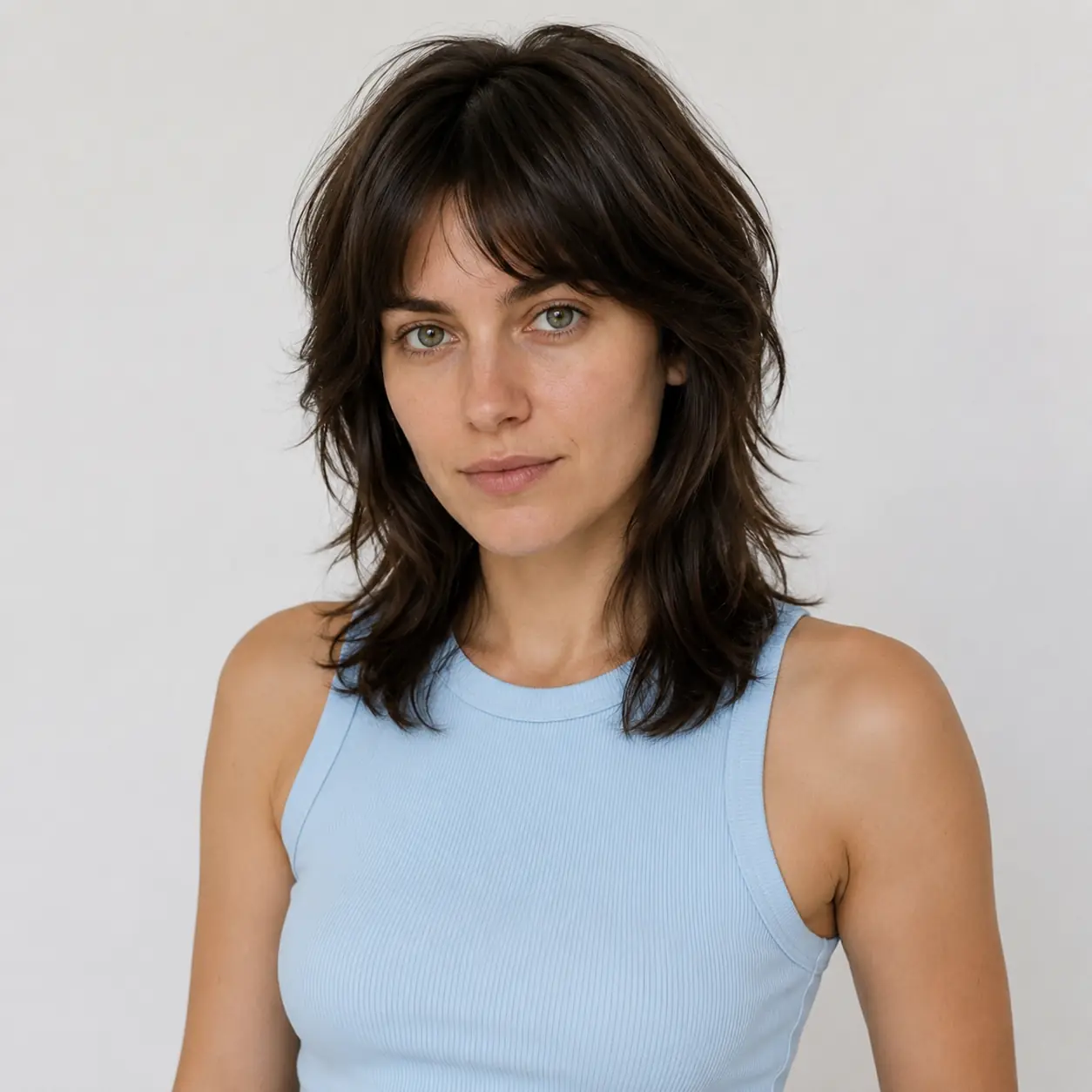 Choppy tousled brown shag with a soft fringe and cool undone shag-mullet edge
