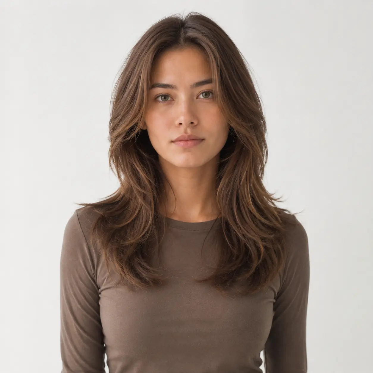 Undone tousled layers through wavy brown hair with easy natural movement