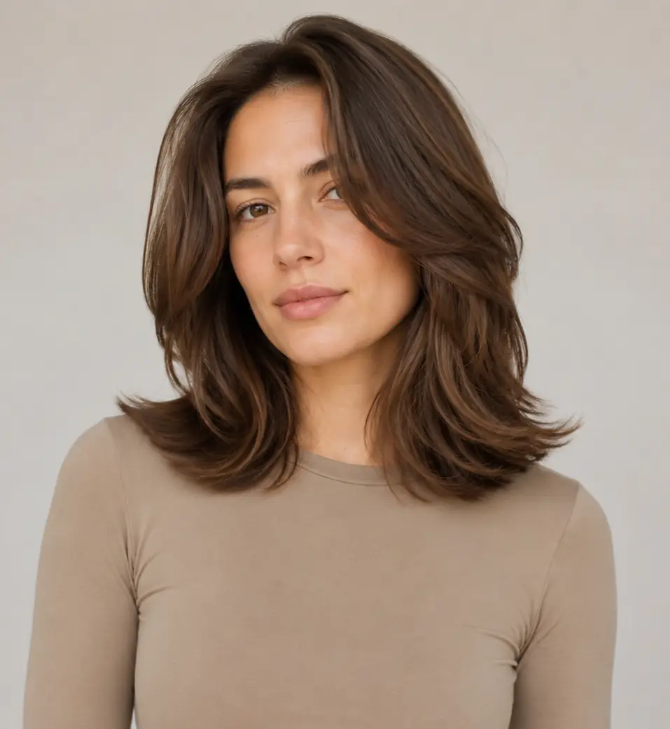 Full flippy brown layers with subtle dimension and a glossy bouncy finish