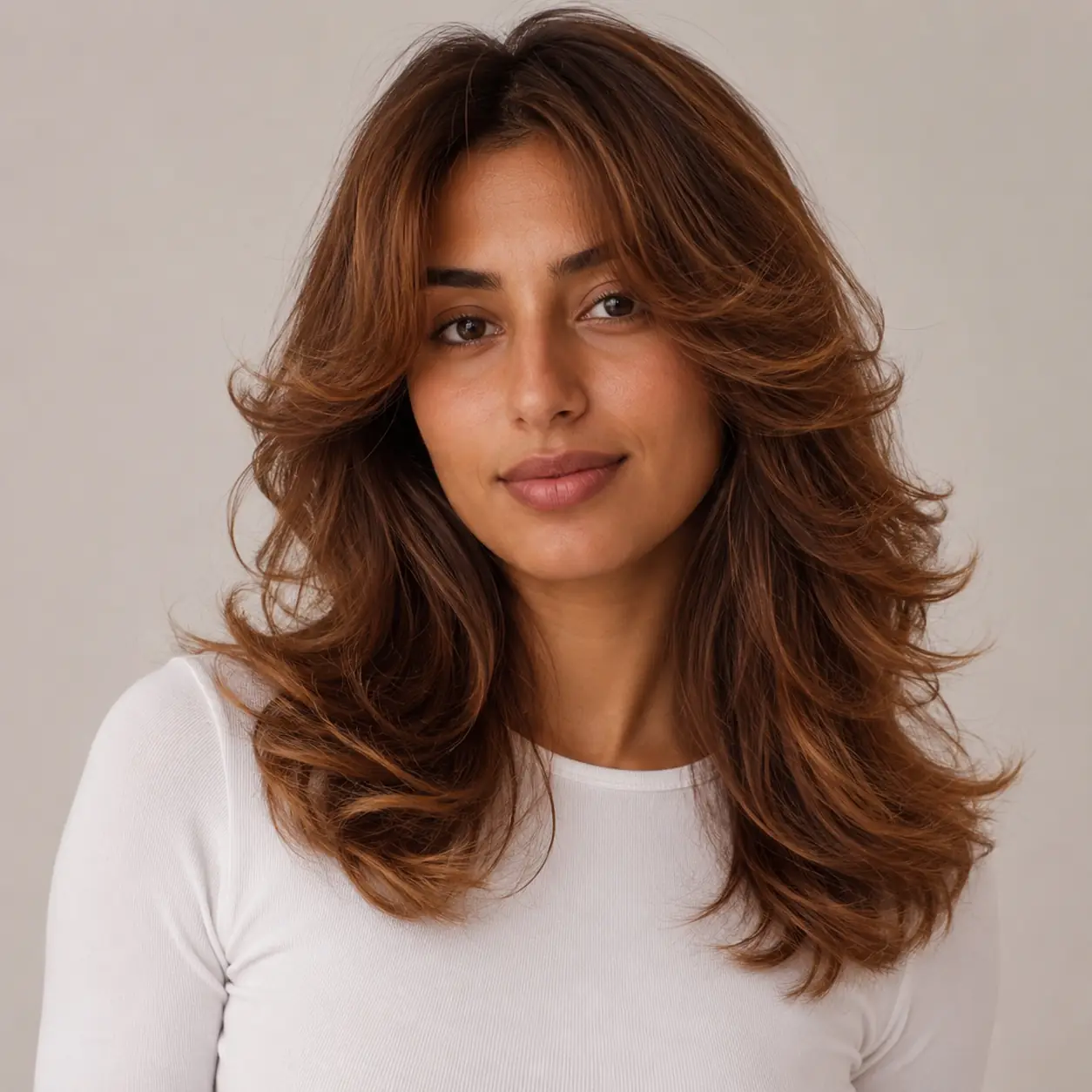 Rich copper layers with curtain bangs and serious voluminous body