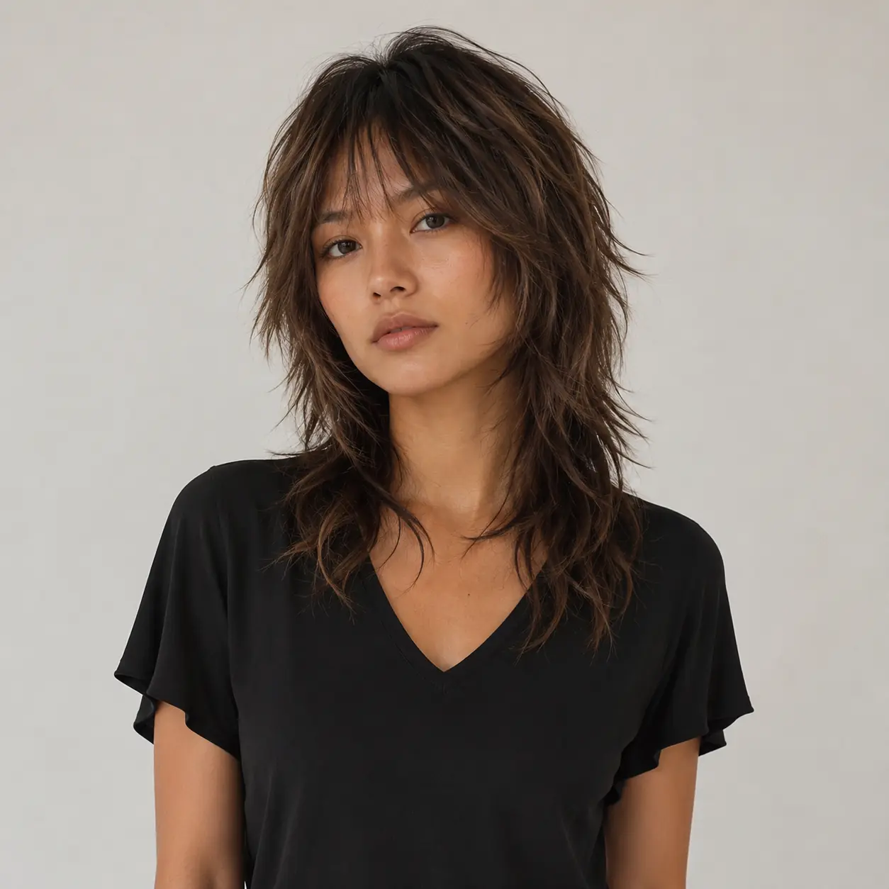 Warm brown shag layers with a soft fringe and cozy dimensional glow on thick hair