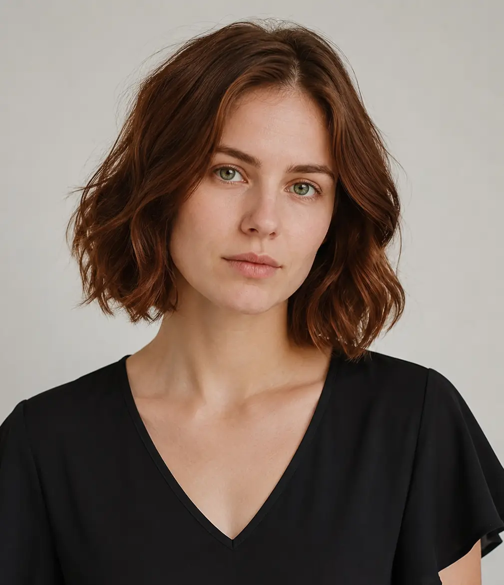 Warm auburn tousled short wavy bob with glossy depth and concentrated color
