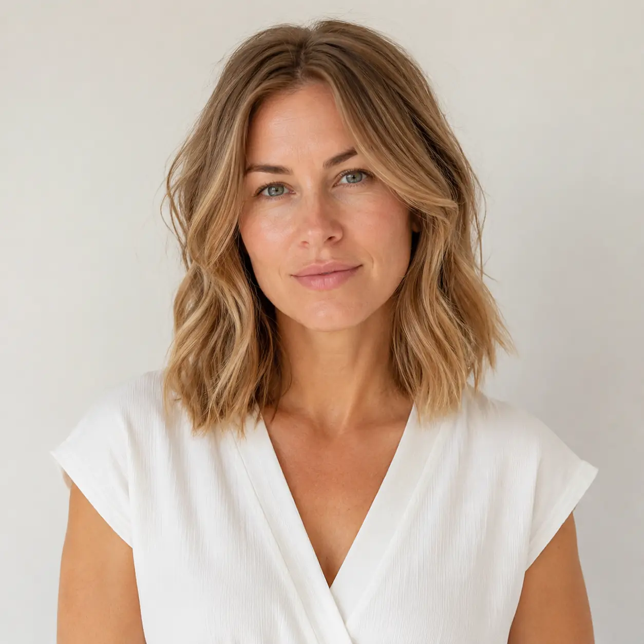 Bright balayage on a blonde wavy lob catching every turn of the wave for luminous dimension