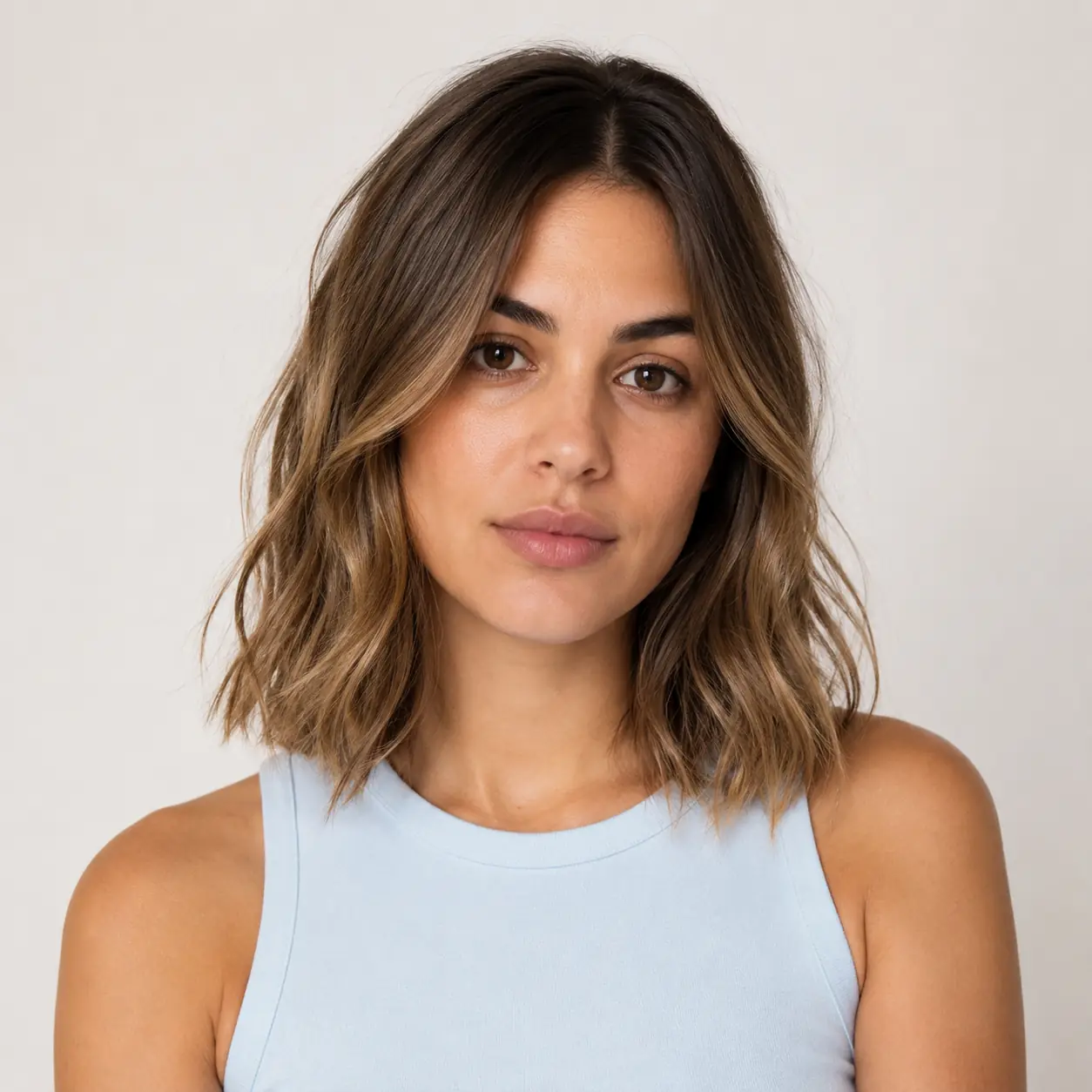 Warm balayage brunette wavy lob with a center part and glossy, dimensional ends