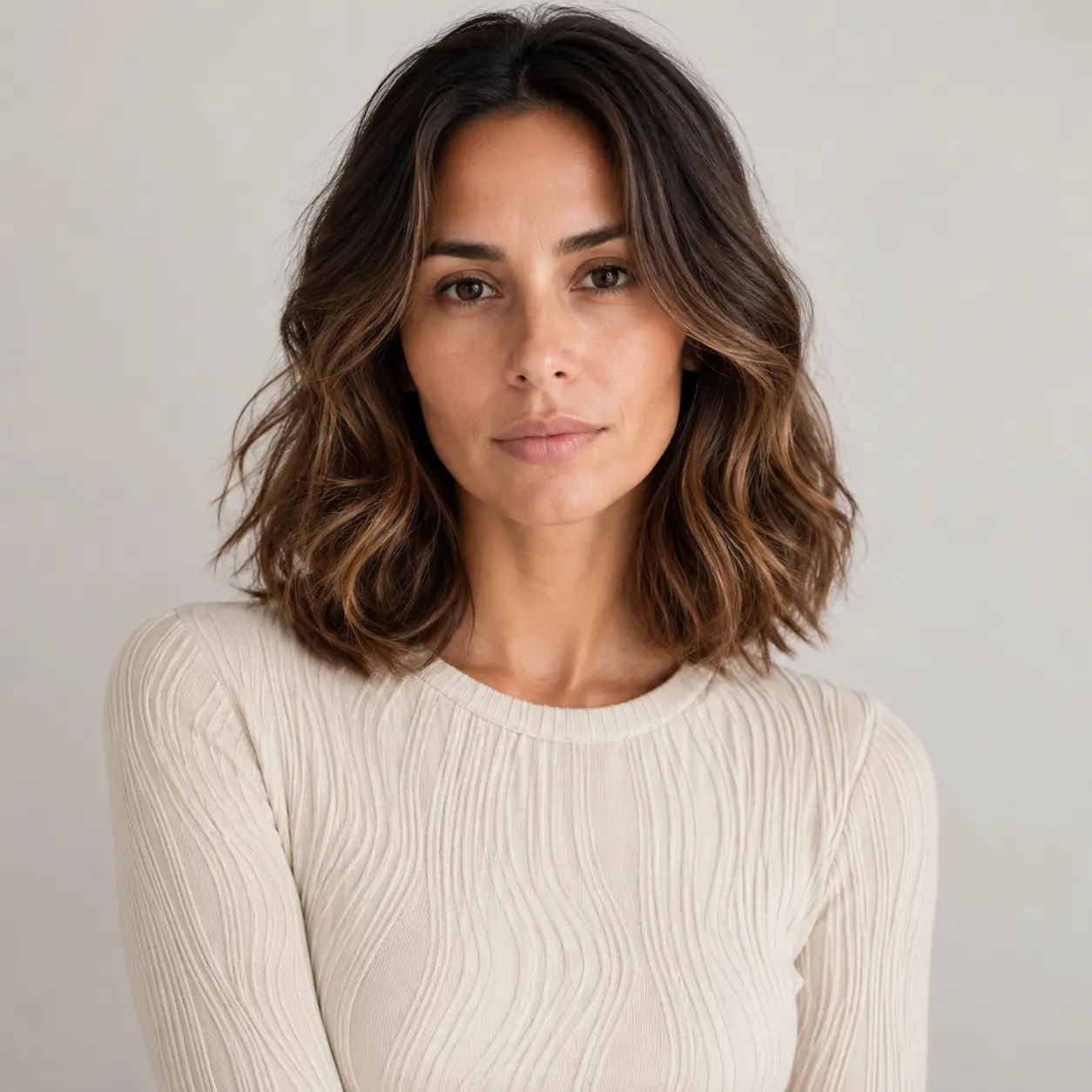 Brunette wavy lob with hand-painted balayage following the fall of the waves