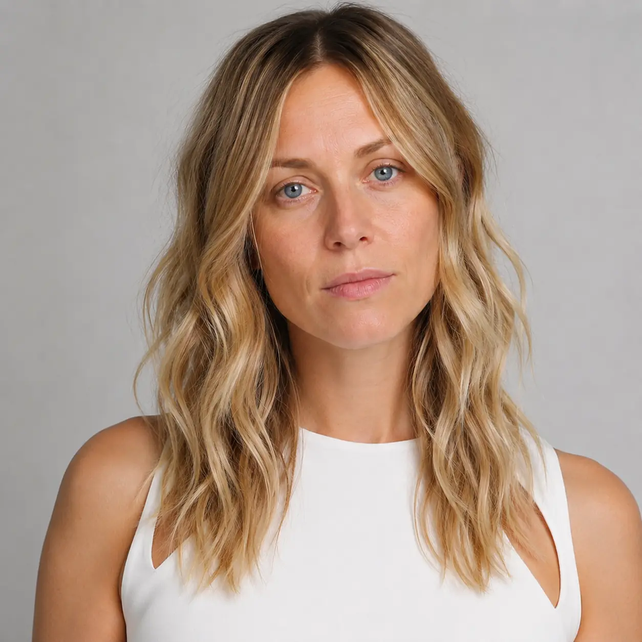 Beachy blonde wavy lob with loose sun-lit waves and airy sea-dried texture