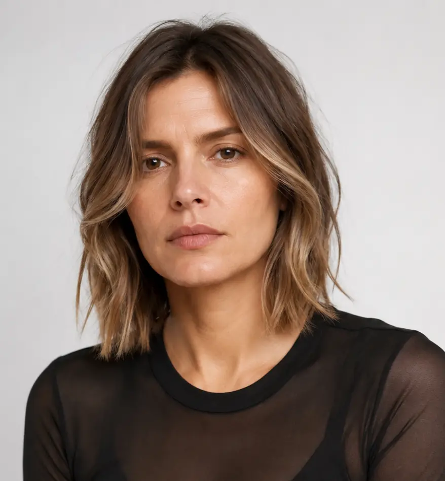 Seamless bronde balayage on a wavy lob with low-contrast, grow-out-friendly color