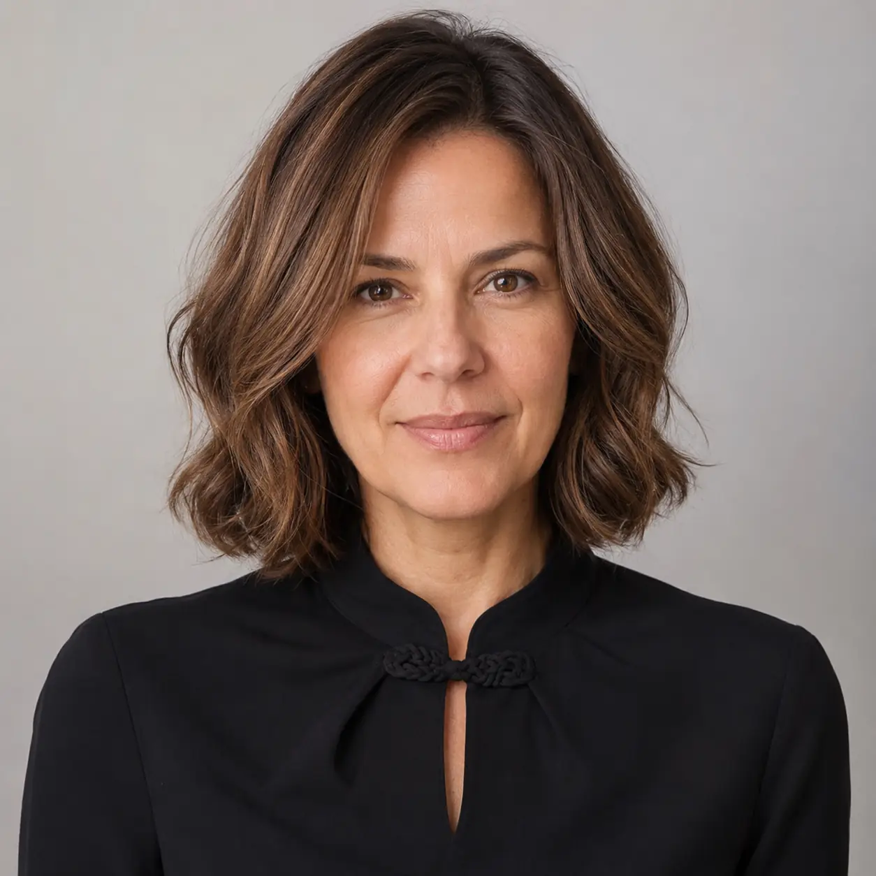 Clean center-parted soft brunette wavy bob with glossy, modern texture