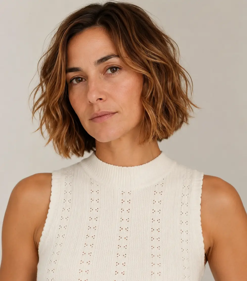 Classic chin-length wavy bob with soft waves and subtle balayage dimension
