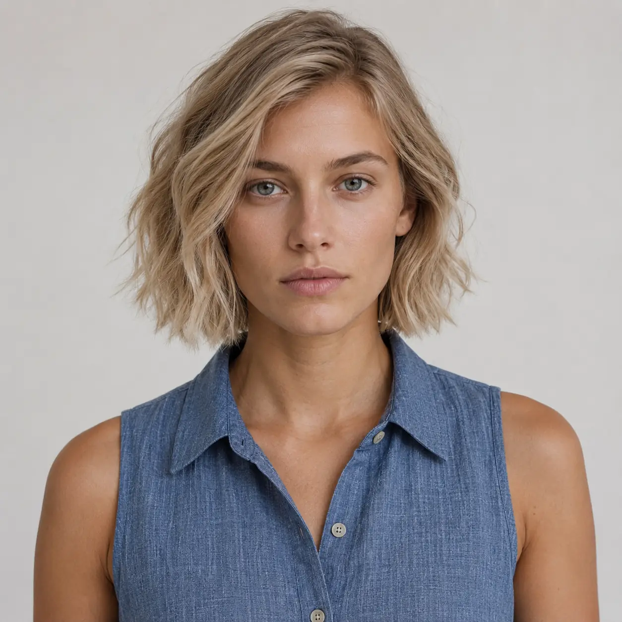 Choppy piecey blonde wavy lob with loose waves and plenty of separation