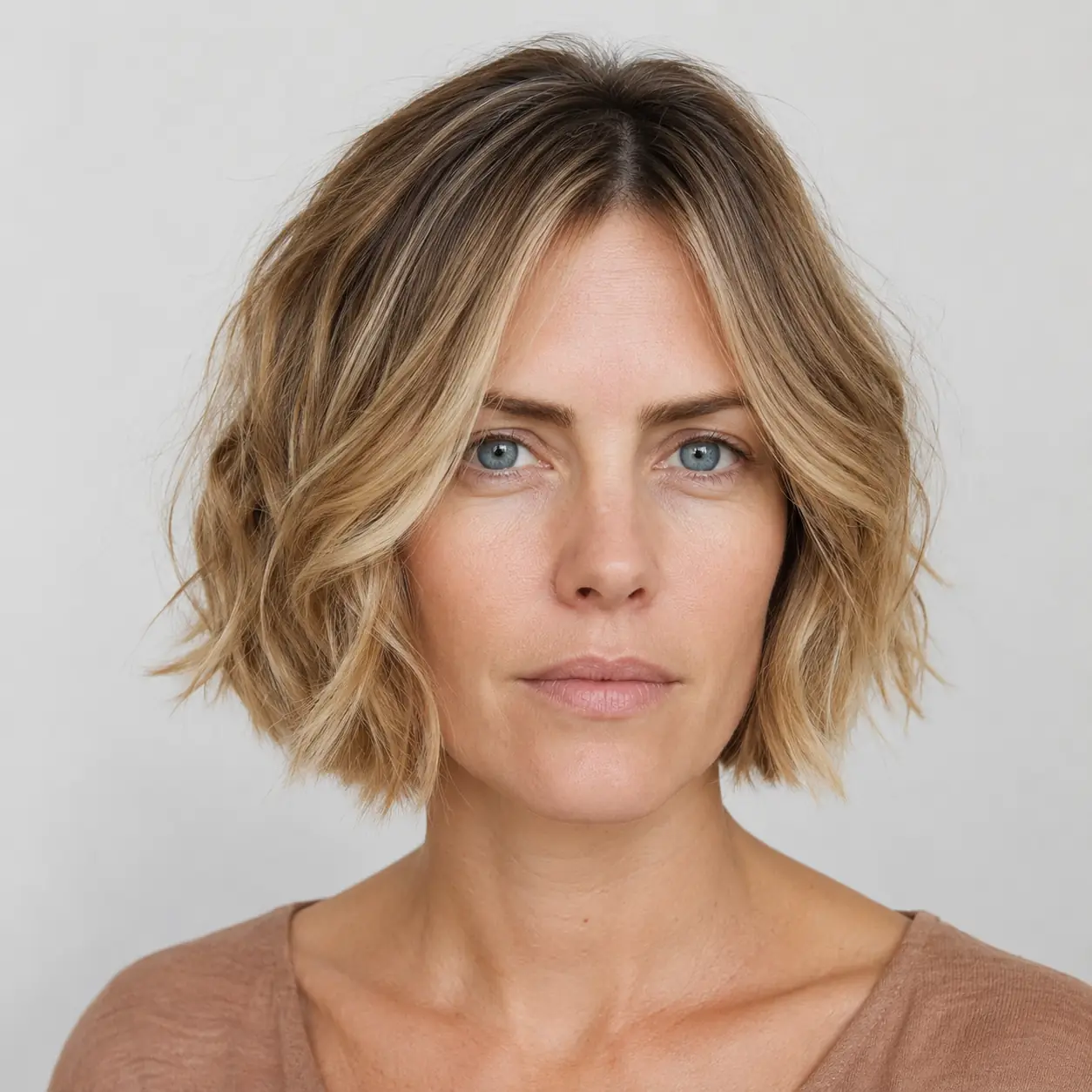Choppy tousled bronde lob with shattered internal layers and piecey undone waves