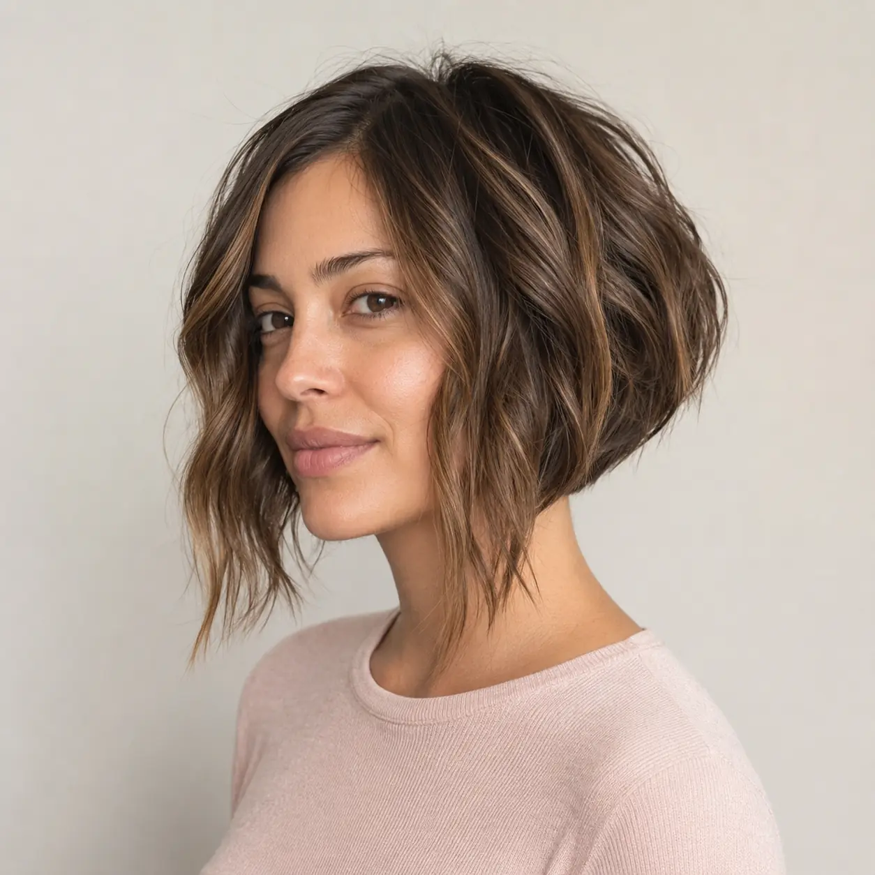 Choppy dark brown wavy bob with heavy texture and a deep side part on thick hair