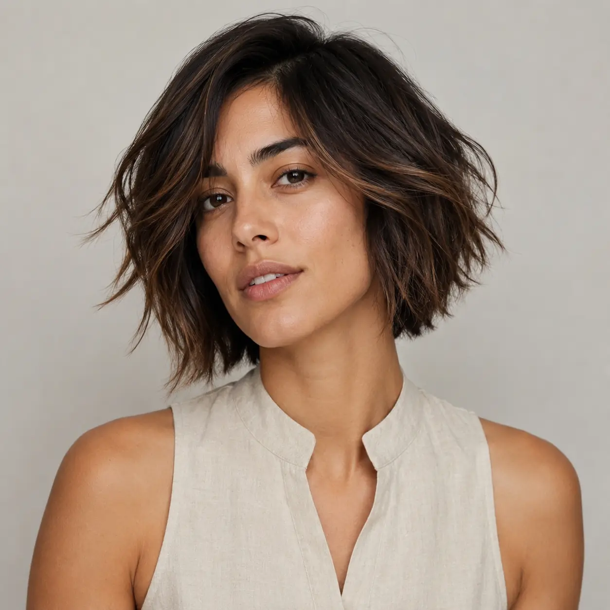 Choppy dark wavy bob with brighter money-piece highlights framing the cheekbones