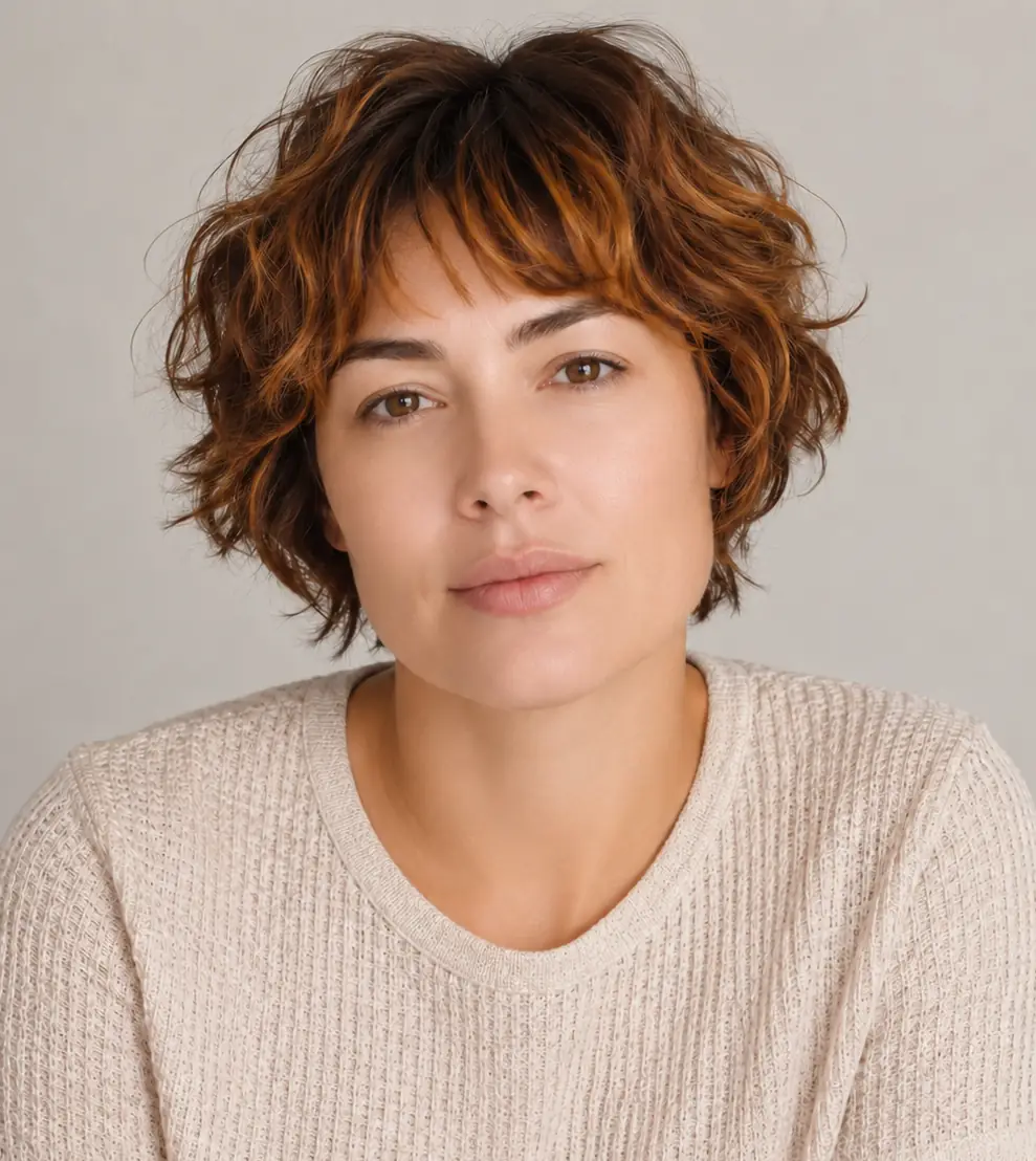 Warm copper wavy shag with textured layers and a piecey fringe full of movement