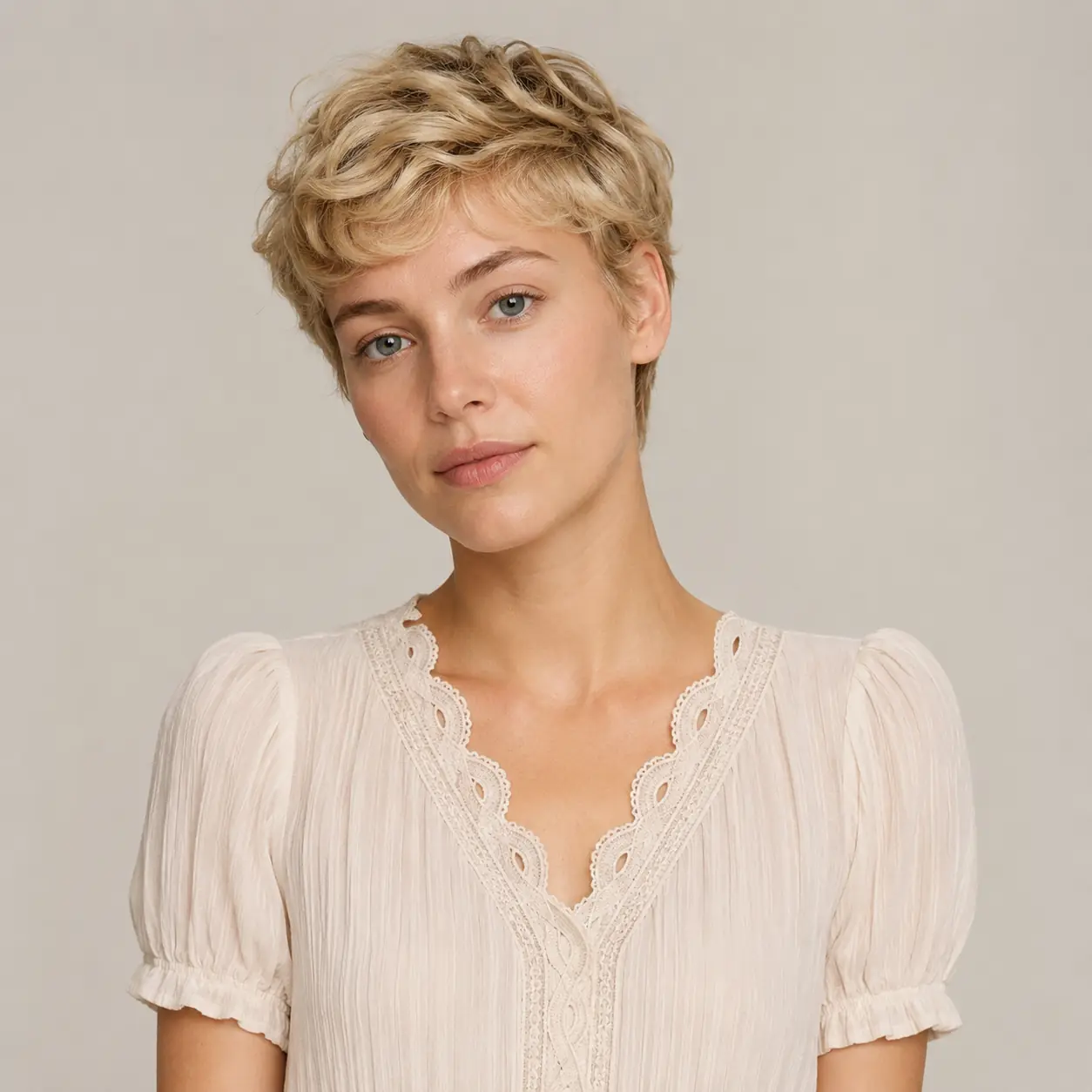 Tightly cropped soft-blonde wavy pixie with maximum texture and minimal length