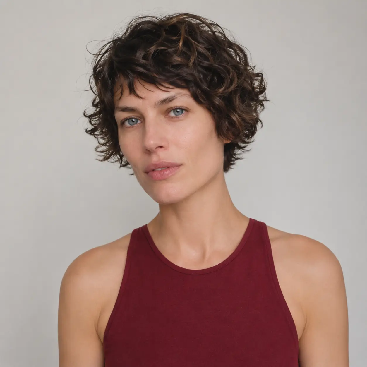 Short brunette curly crop with a tight springy curl pattern cut close and low-fuss