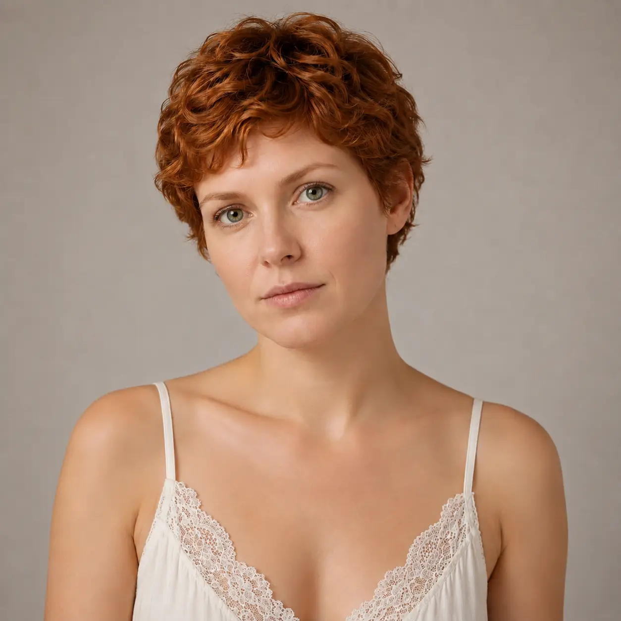 Warm copper curly pixie crop with defined springy curls on short hair