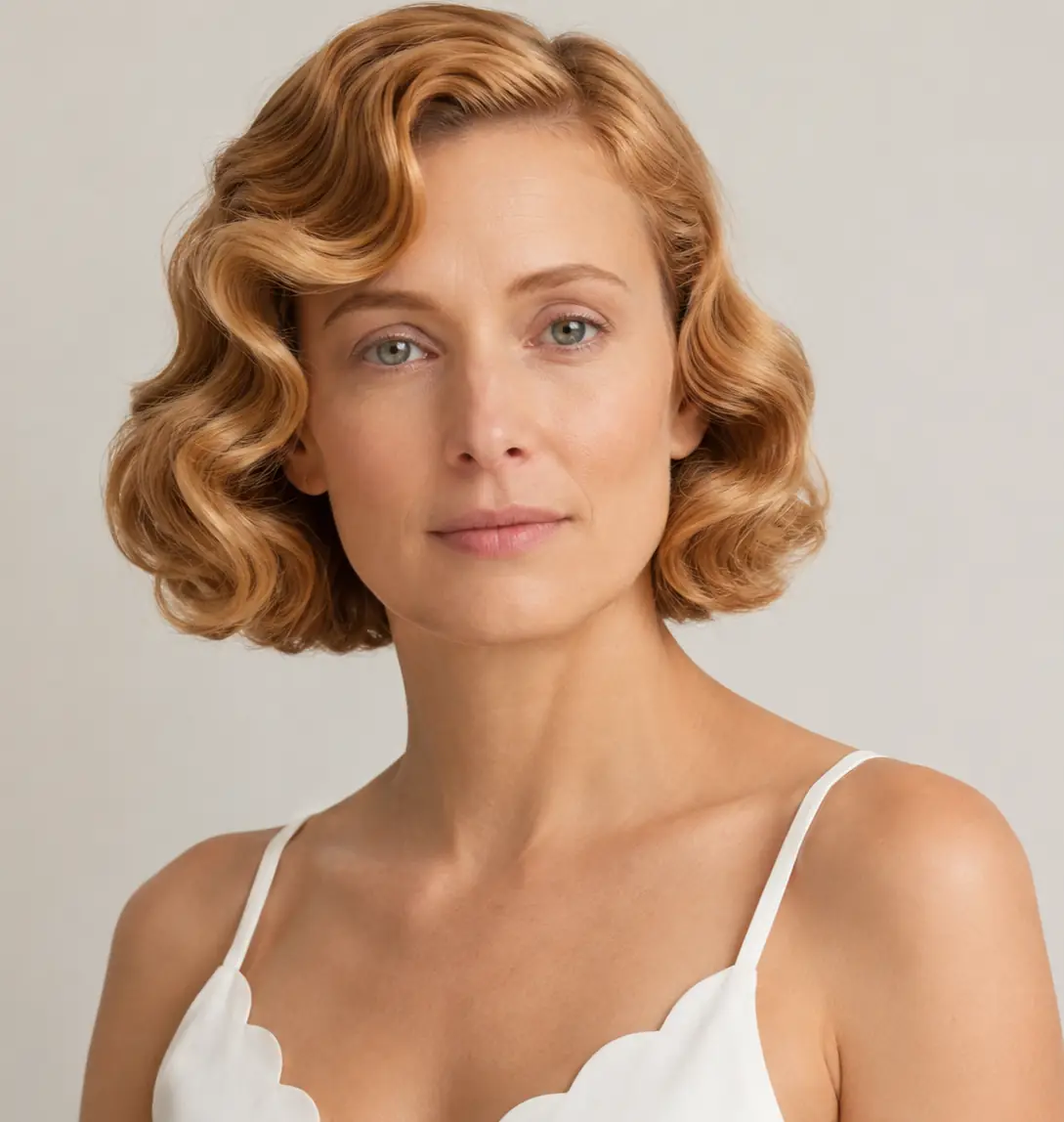 Sculpted finger waves set into a strawberry-blonde short bob with 1920s glamour