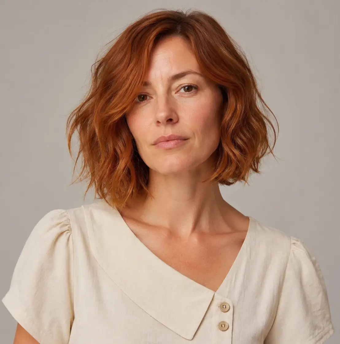Warm ginger-copper chin-length wavy bob bringing light and warmth to the face